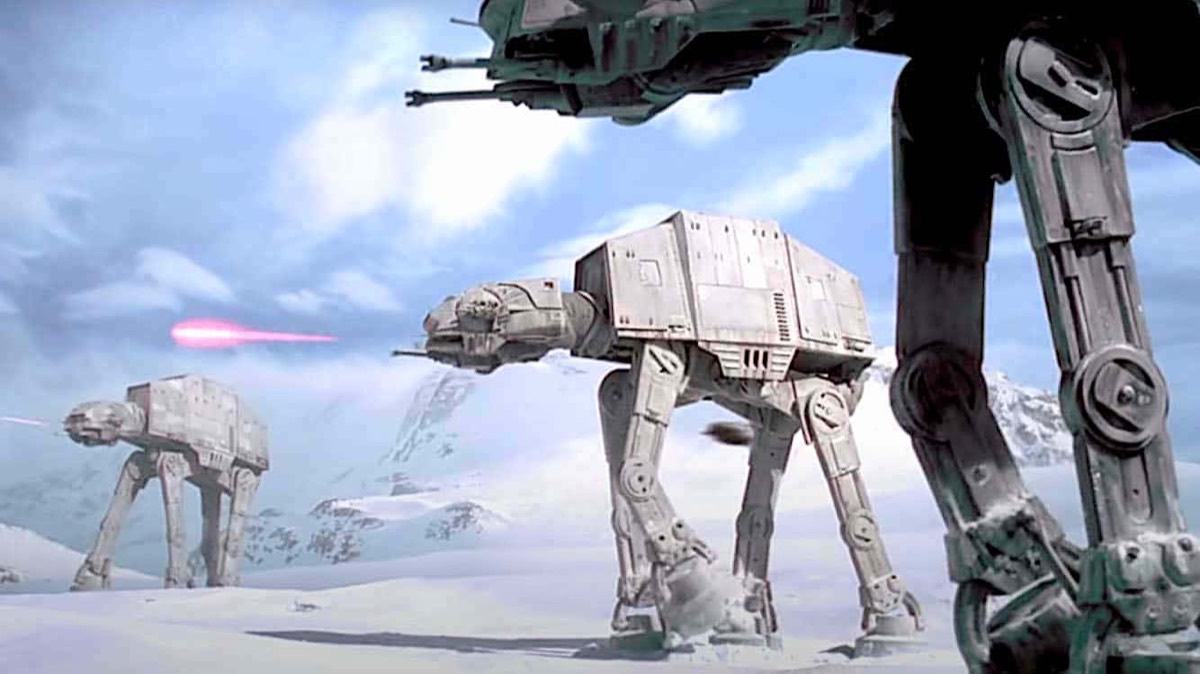 Imperial AT-AT walkers advancing across the snow plains of Hoth toward the Rebel Echo Base