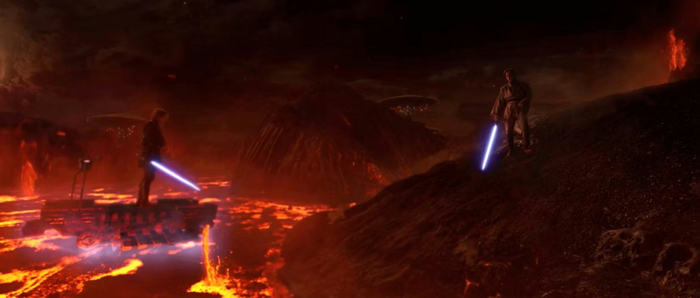 Lightsaber duel on the volcanic planet Mustafar with lava rivers in the background