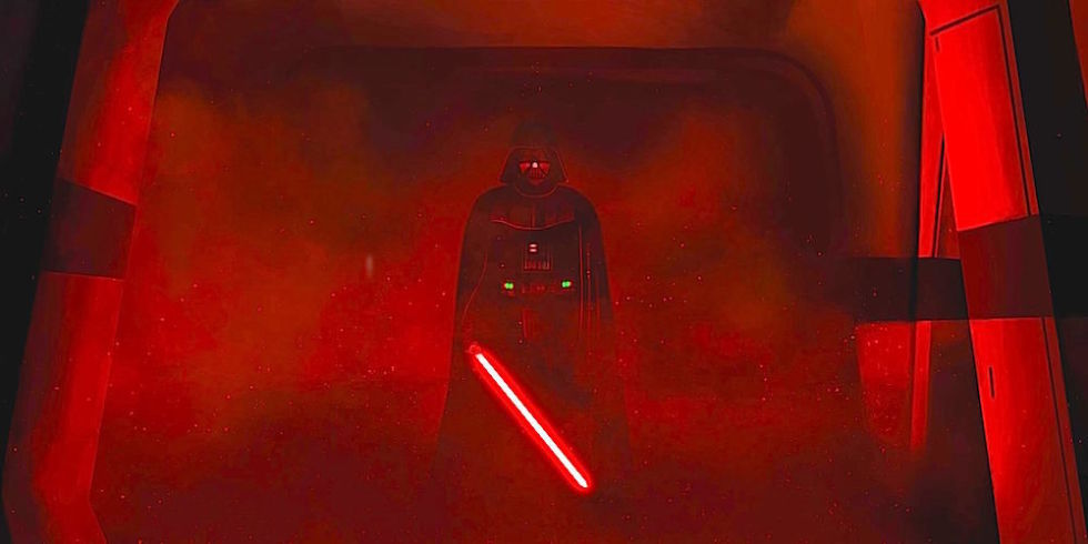 Darth Vader igniting his red lightsaber in the dark Tantive IV corridor with terrified Rebel soldiers